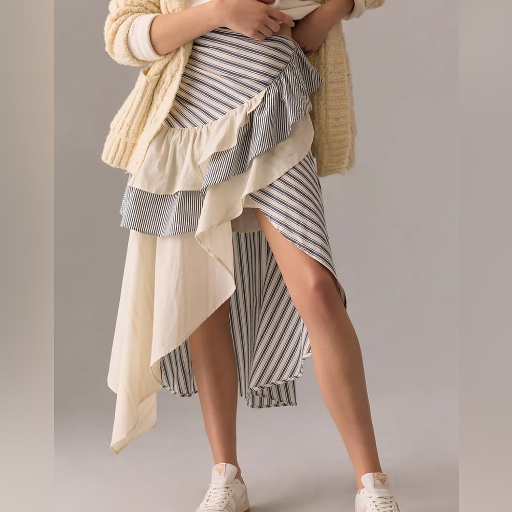 Anthropologie Cream and Blue Asymmetrical Skirt
